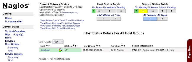 Nagios dashboard listing monitored hosts
