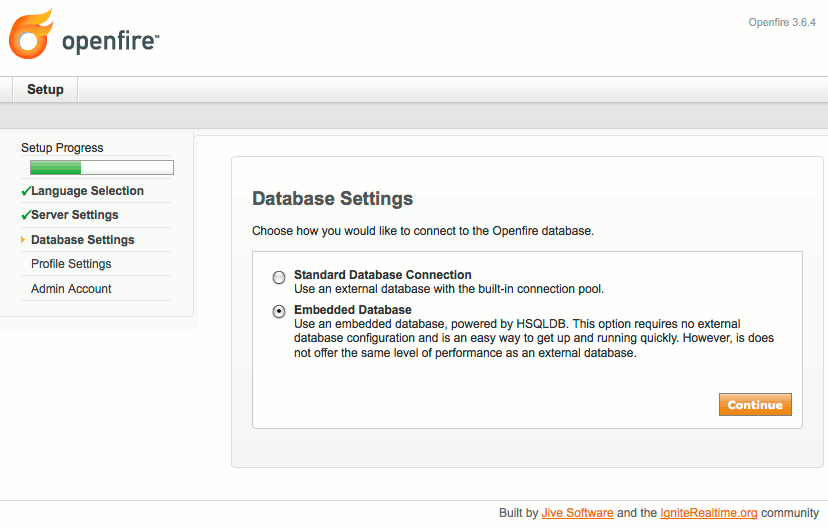 Database type selection in Openfire setup on Debian 6 (Squeeze).