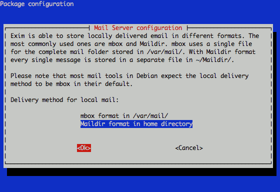 Exim maildirs or mbox configuration on Debian 6.